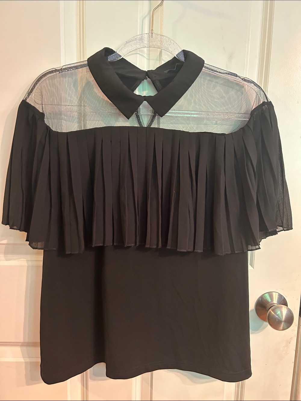 For Cynthia Black Sheer Yoke Pleated Ruffle Top
